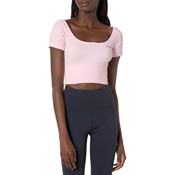 NWT GUESS Womens Pink Stretch Logo Graphic Scoop Neck Active Wear Crop Top XS\S - Picture 1 of 3